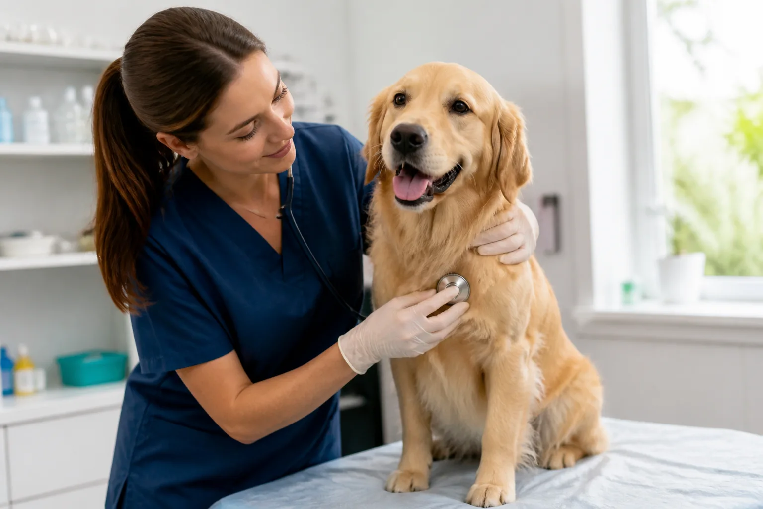Veterinarian examining a dog in a bright clinic