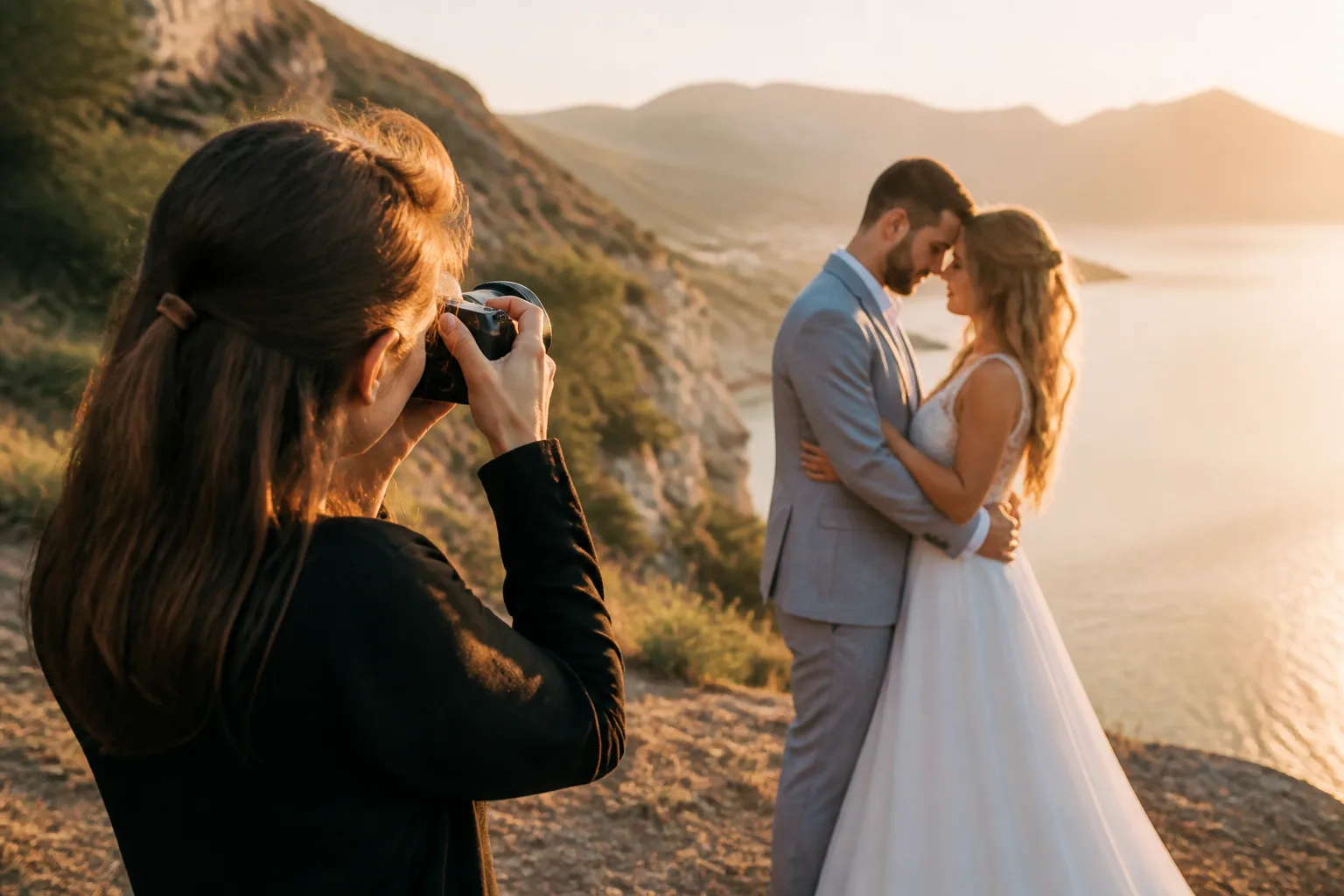 Wedding photographer photographing a couple at golden hour