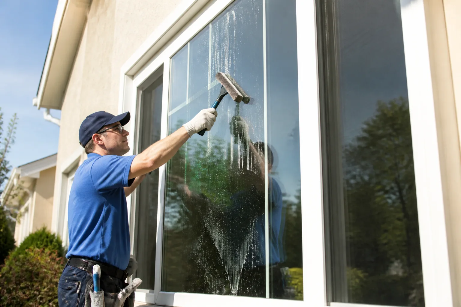 Window cleaner using a squeegee on residential glass