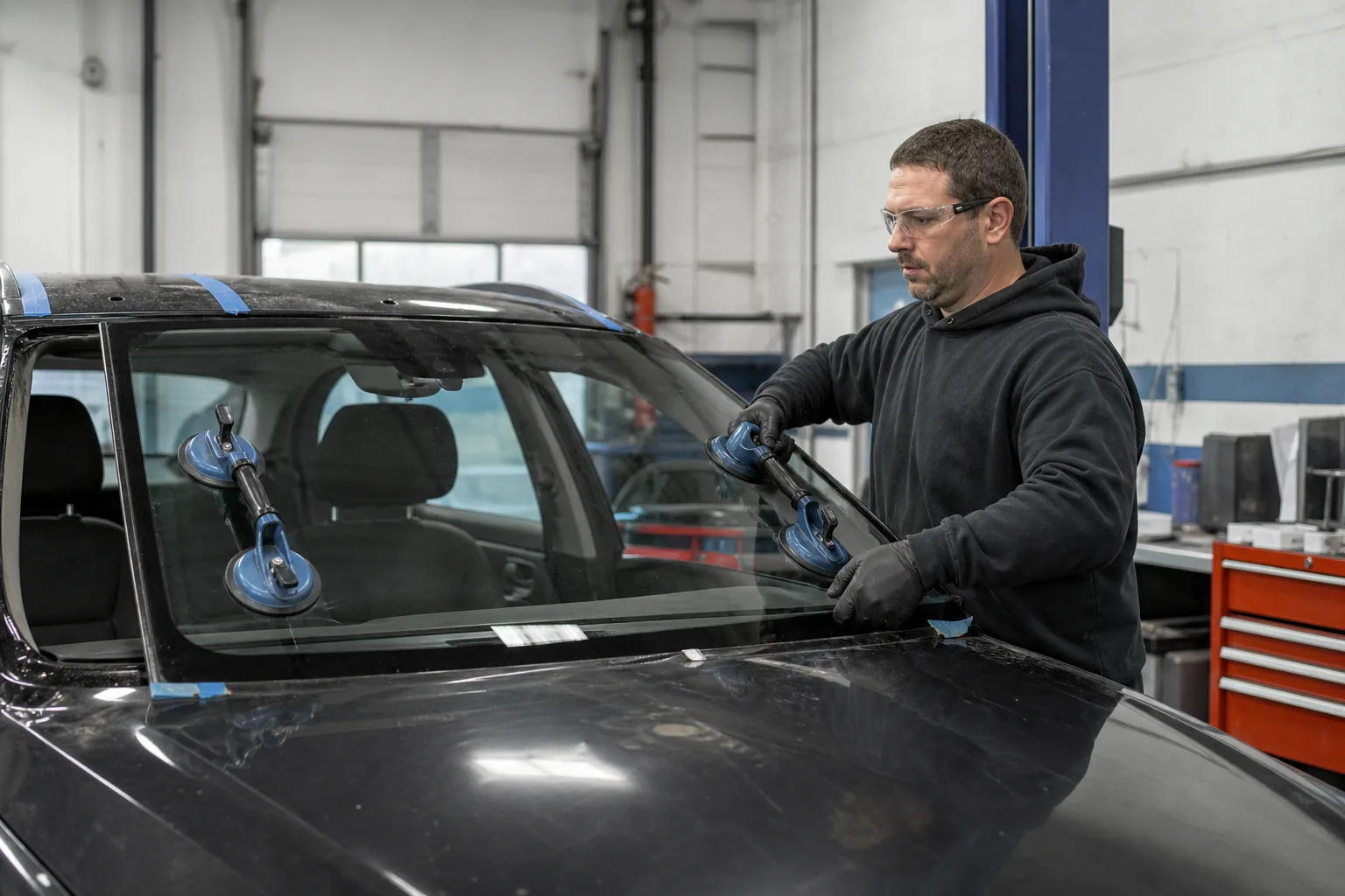 Auto glass technician replacing a car windshield