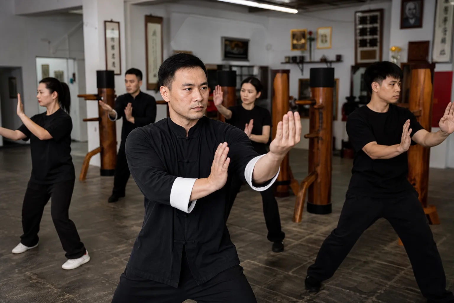 Wing Chun students practicing forms in a training hall