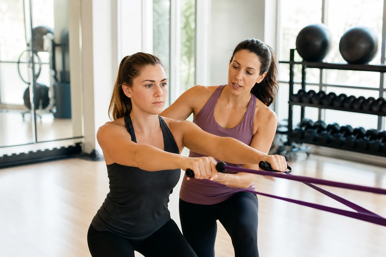 Female personal trainer coaching a woman with resistance bands