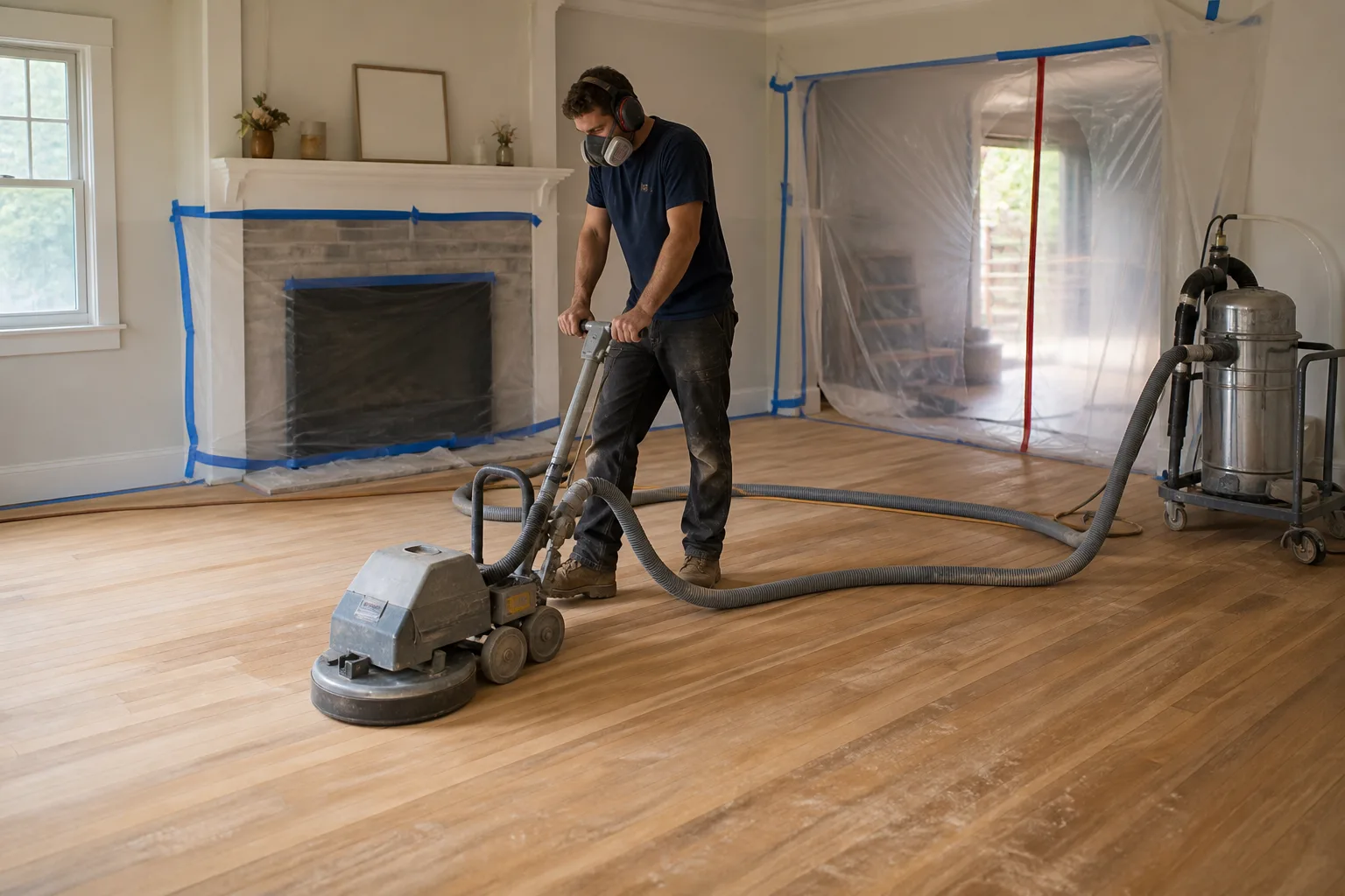 Craftsman refinishing hardwood floors in a living room