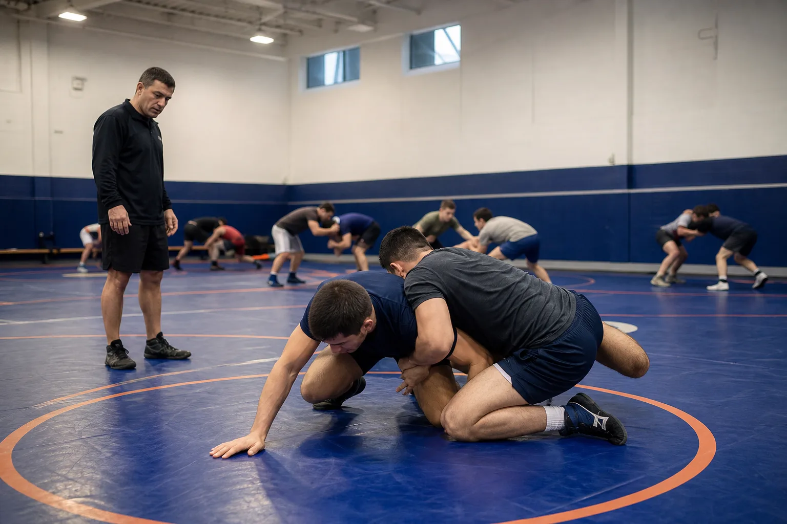 Wrestlers training on mats in a wrestling school